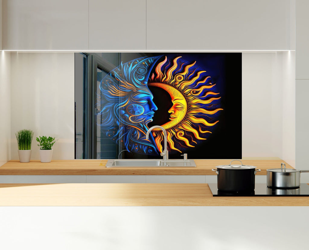 Moon & Sun Face Glass Kitchen Backsplash – Celestial Art Design-BacksplashArtworks