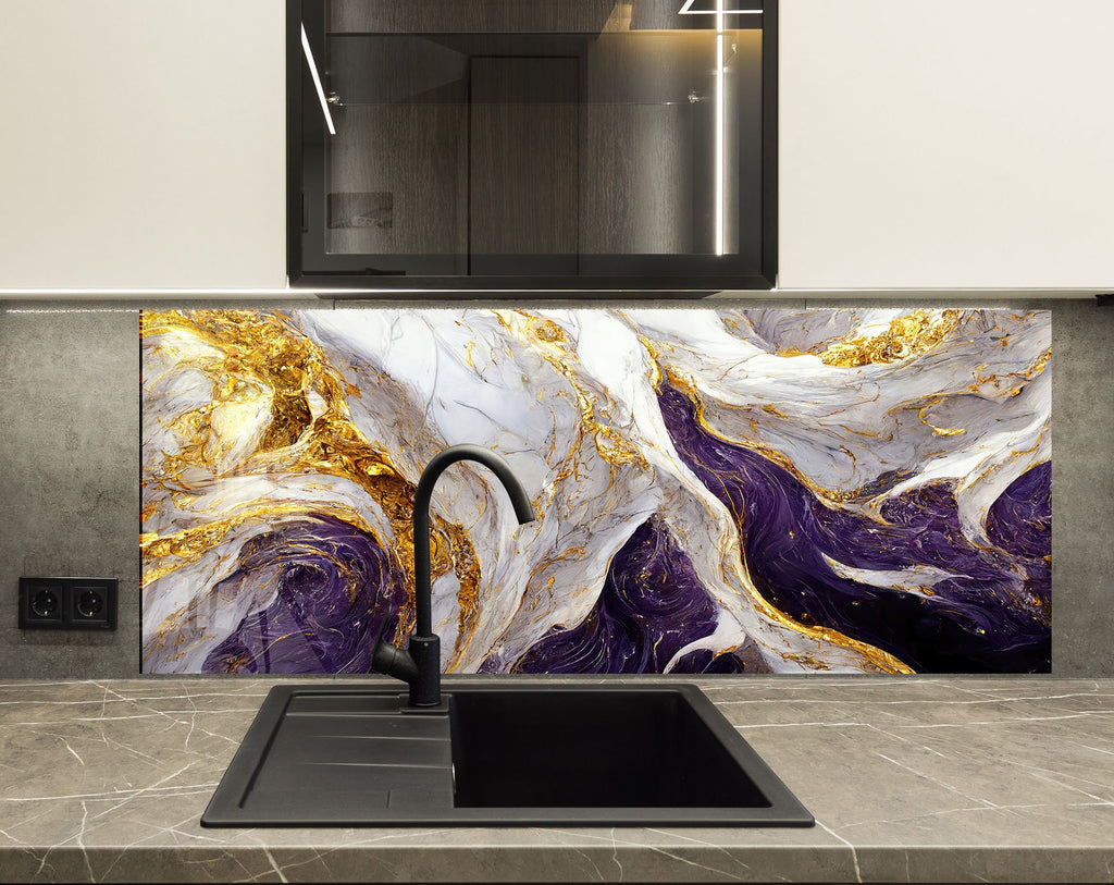 Purple & Gold Marble Waves - Glass Kitchen Backsplash-BacksplashArtworks