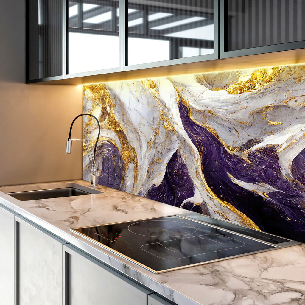 Purple & Gold Marble Waves - Glass Kitchen Backsplash-BacksplashArtworks