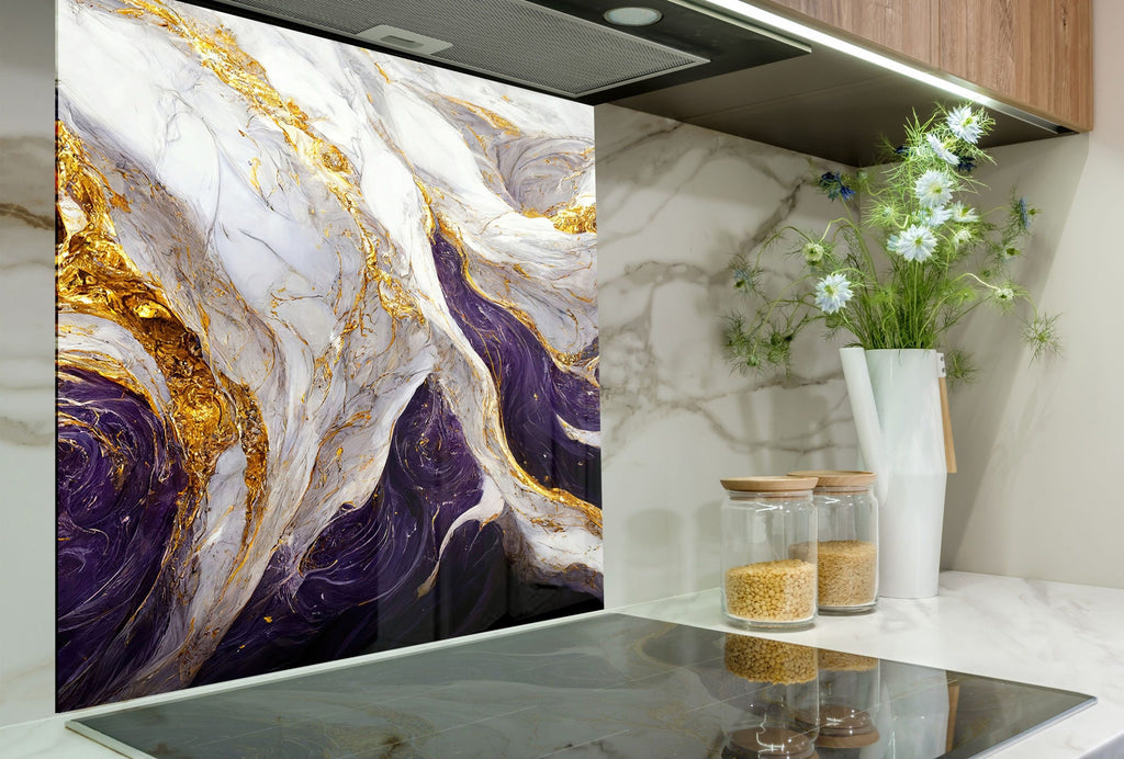 Purple & Gold Marble Waves - Glass Kitchen Backsplash-BacksplashArtworks