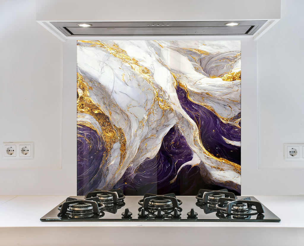 Purple & Gold Marble Waves - Glass Kitchen Backsplash-BacksplashArtworks