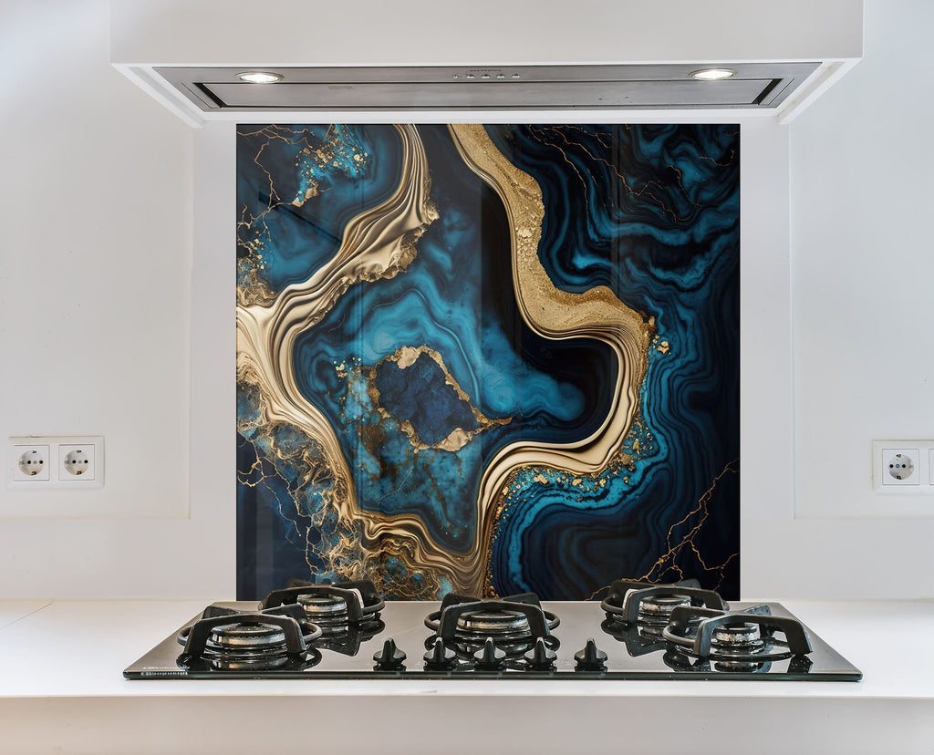 Blue & Gold Agate - Glass Kitchen Backsplash-BacksplashArtworks
