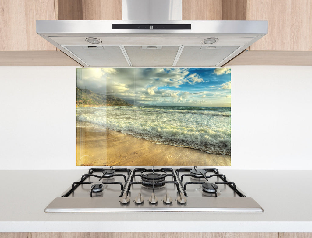 Golden Beach Waves - Tempered Glass Kitchen Backsplash-BacksplashArtworks