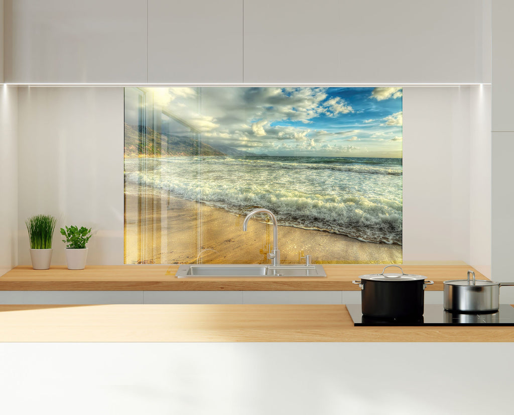 Golden Beach Waves - Tempered Glass Kitchen Backsplash-BacksplashArtworks