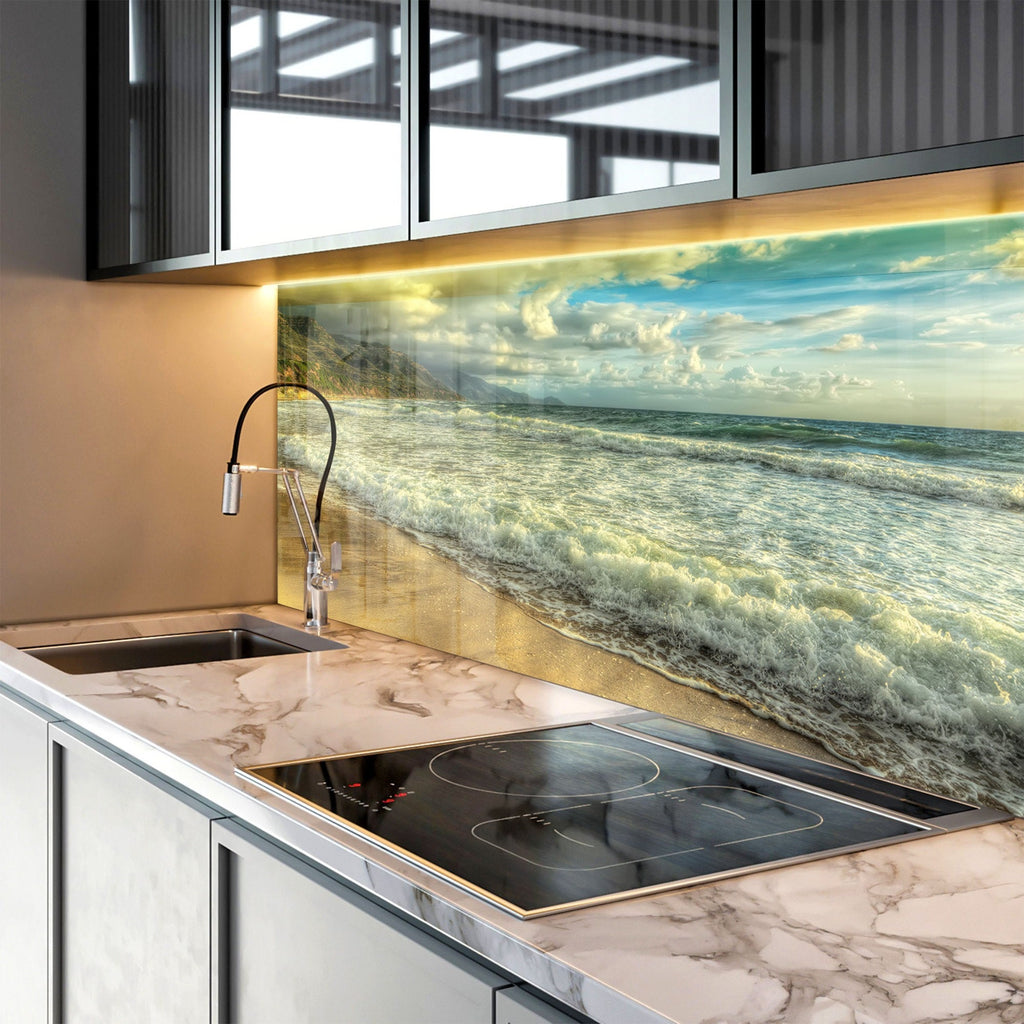 Golden Beach Waves - Tempered Glass Kitchen Backsplash-BacksplashArtworks
