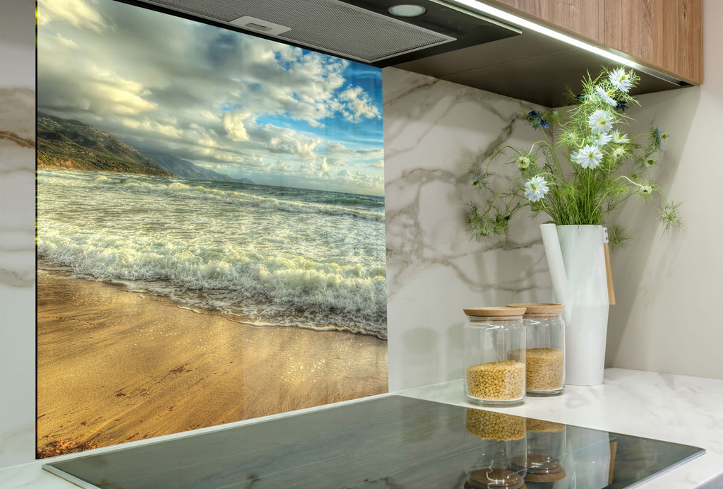 Golden Beach Waves - Tempered Glass Kitchen Backsplash-BacksplashArtworks