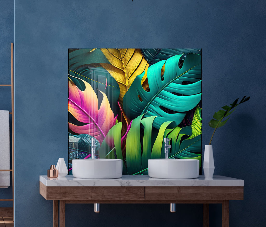 Neon Tropical Leaves - Glass Kitchen Backsplash-BacksplashArtworks