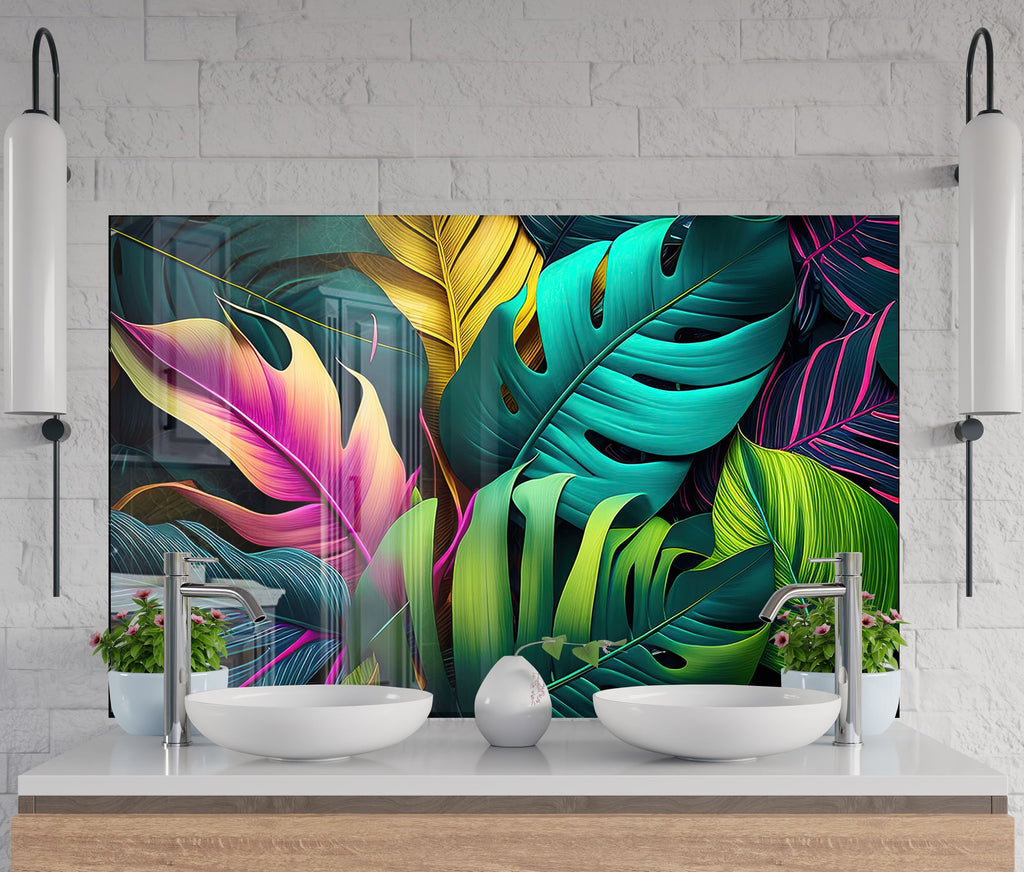 Neon Tropical Leaves - Glass Kitchen Backsplash-BacksplashArtworks