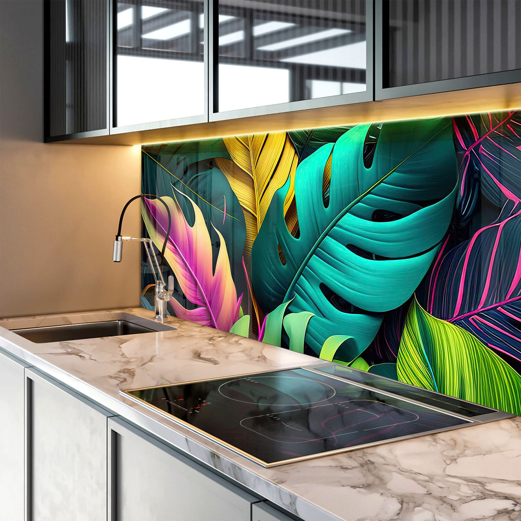 Neon Tropical Leaves - Glass Kitchen Backsplash-BacksplashArtworks