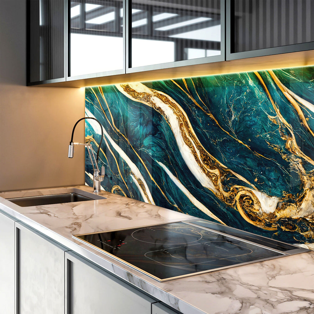 Teal & Gold Marble Waves - Glass Kitchen Backsplash-BacksplashArtworks