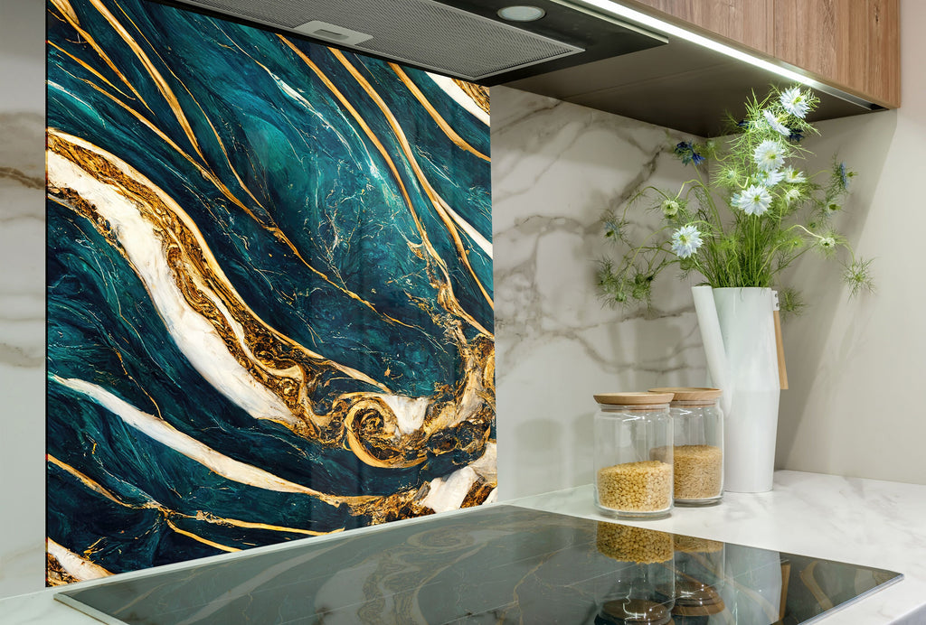 Teal & Gold Marble Waves - Glass Kitchen Backsplash-BacksplashArtworks