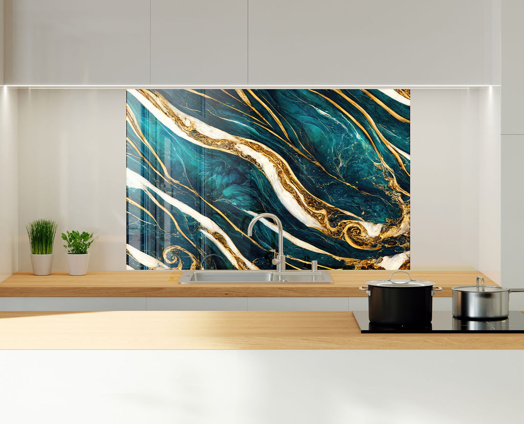 Teal & Gold Marble Waves - Glass Kitchen Backsplash-BacksplashArtworks