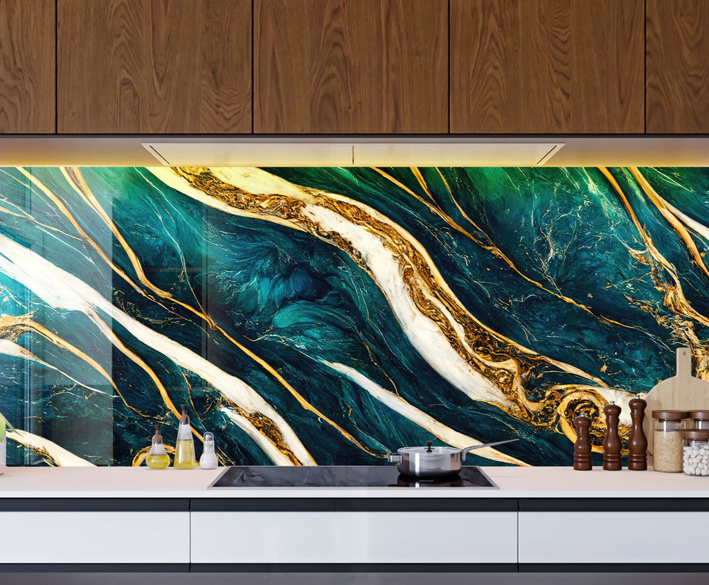 Teal & Gold Marble Waves - Glass Kitchen Backsplash-BacksplashArtworks