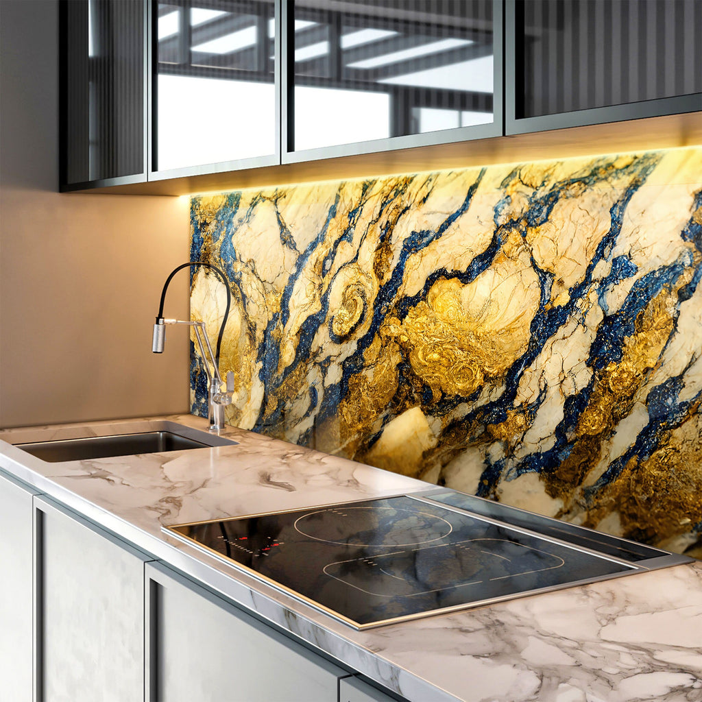 Gold & Navy Marble Fusion - Glass Kitchen Backsplash-BacksplashArtworks