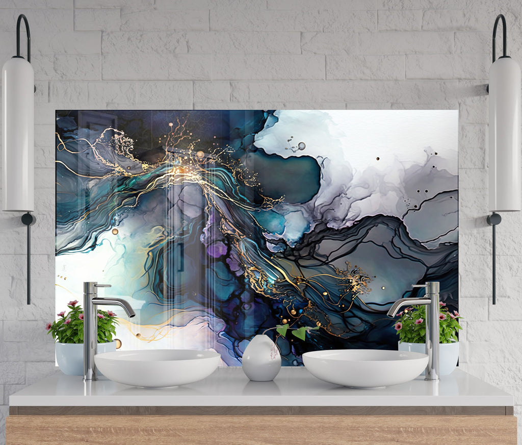 Midnight Blue & Gold Swirl - Glass Kitchen Backsplash-BacksplashArtworks