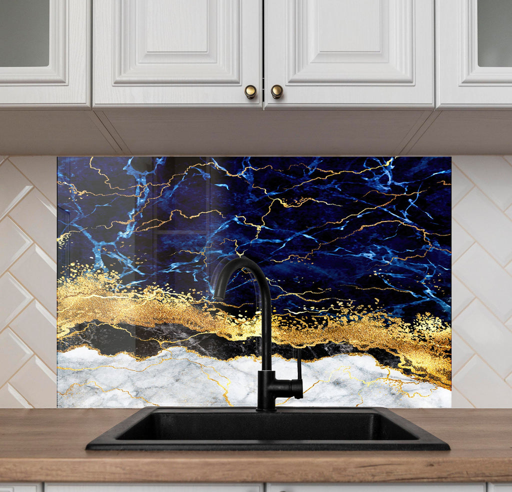 Midnight Blue & Gold Marble - Glass Kitchen Backsplash-BacksplashArtworks