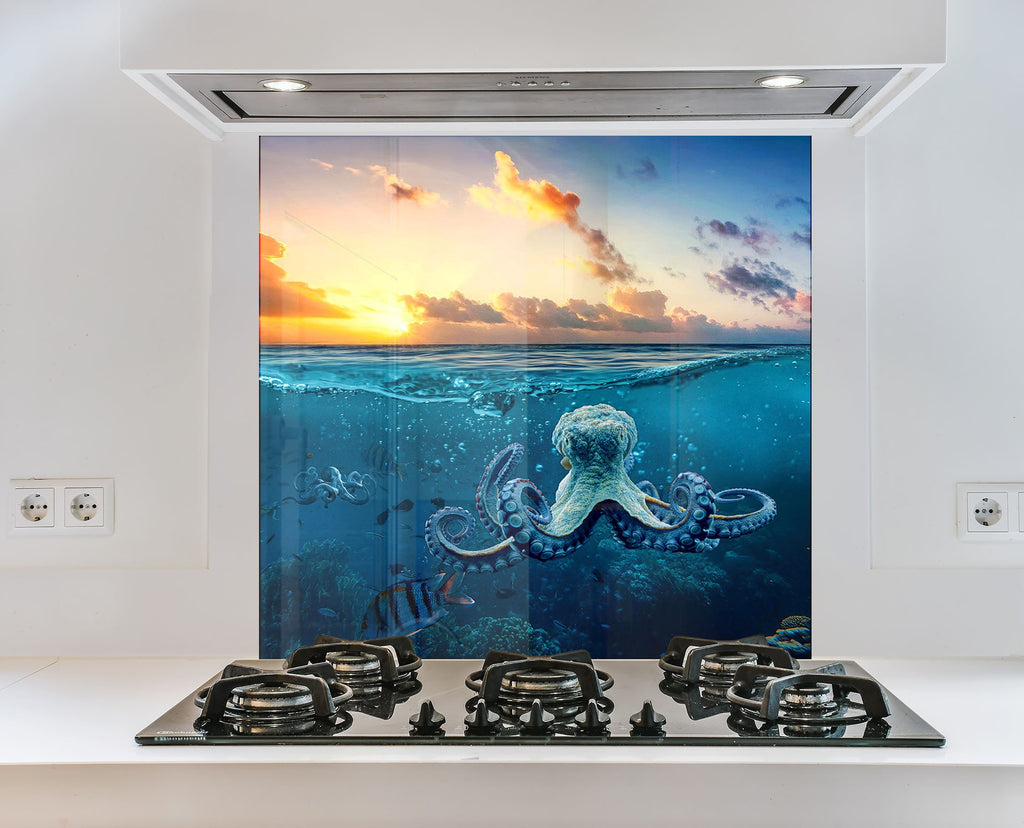 Ocean Sunset Octopus – Glass Kitchen Backsplash-BacksplashArtworks