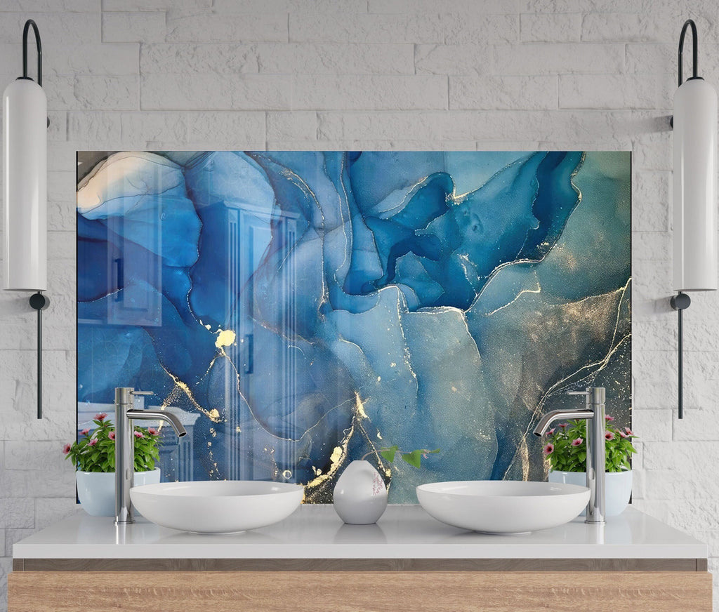 Blue & Gold Fluid Art - Glass Kitchen Backsplash-BacksplashArtworks
