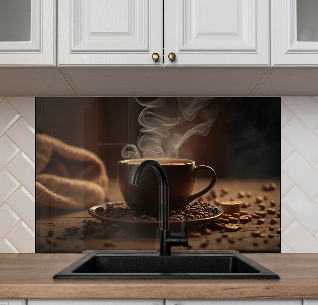 Steaming Coffee Cup – Glass Kitchen Backsplash-BacksplashArtworks