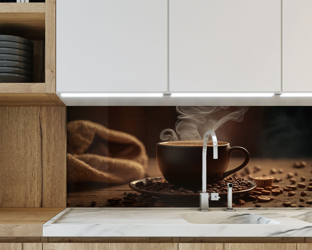 Steaming Coffee Cup – Glass Kitchen Backsplash-BacksplashArtworks