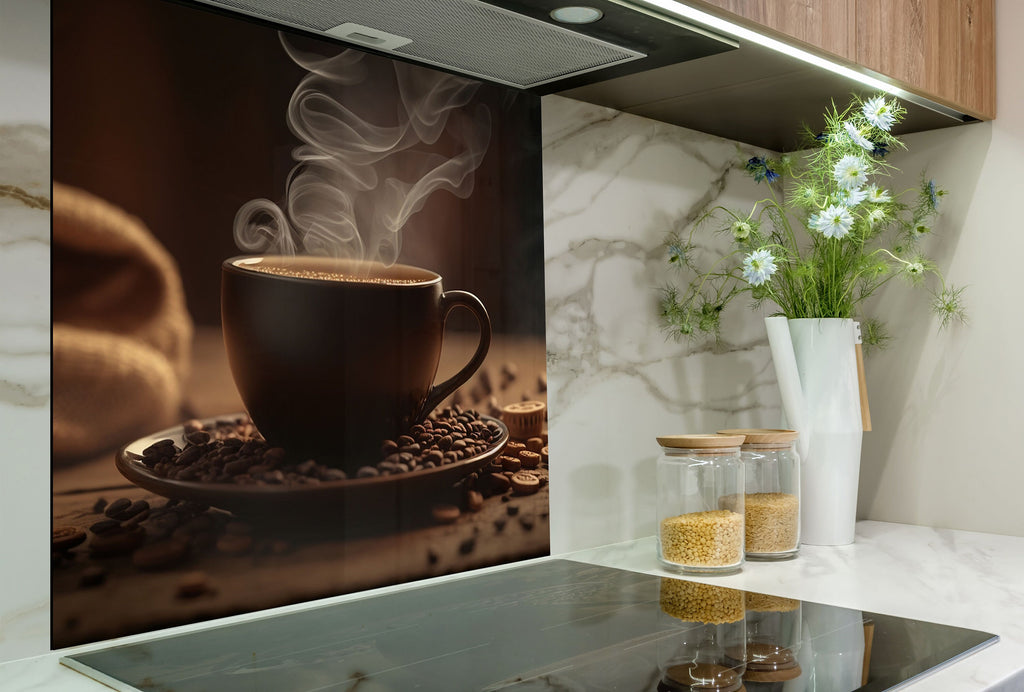 Steaming Coffee Cup – Glass Kitchen Backsplash-BacksplashArtworks