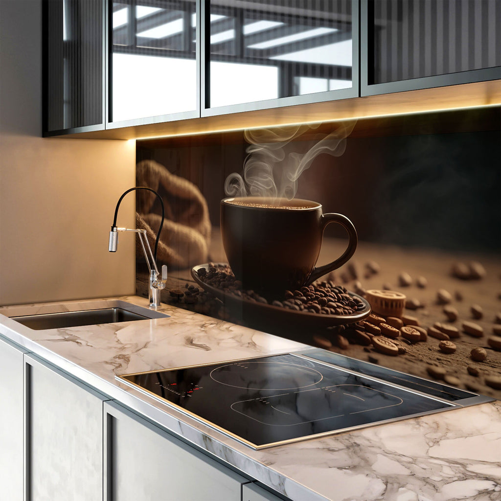 Steaming Coffee Cup – Glass Kitchen Backsplash-BacksplashArtworks