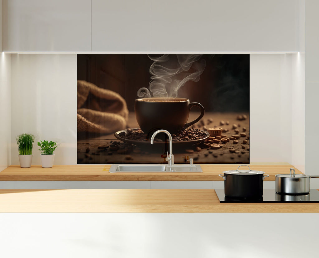 Steaming Coffee Cup – Glass Kitchen Backsplash-BacksplashArtworks