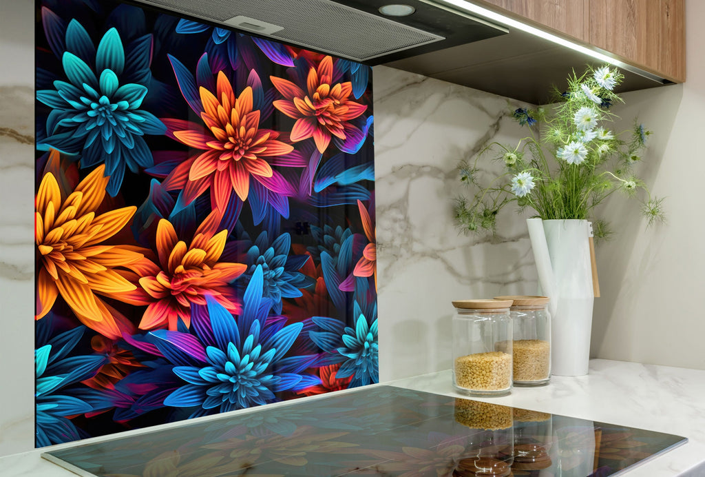 Neon Dahlia Delight - Glass Kitchen Backsplash-BacksplashArtworks