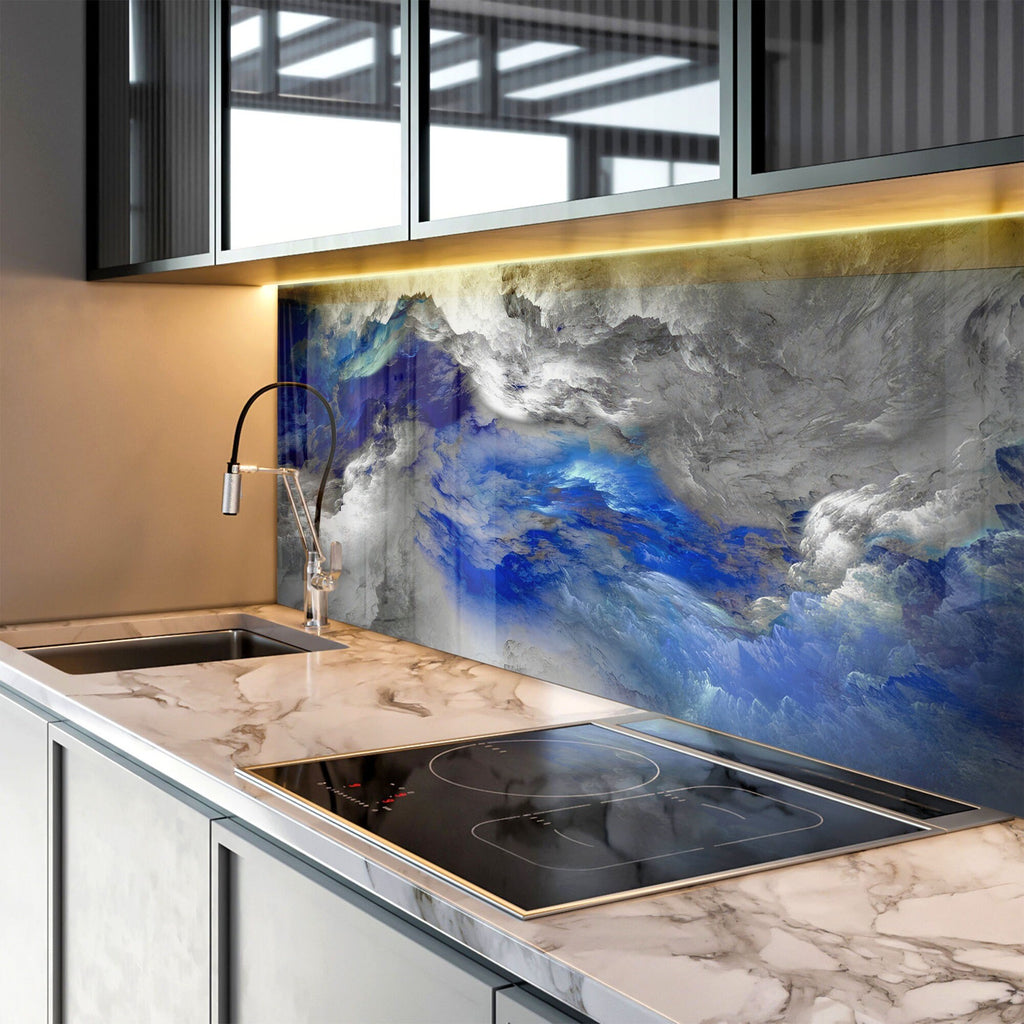 Blue & Gray Marble Swirl - Glass Kitchen Backsplash-BacksplashArtworks