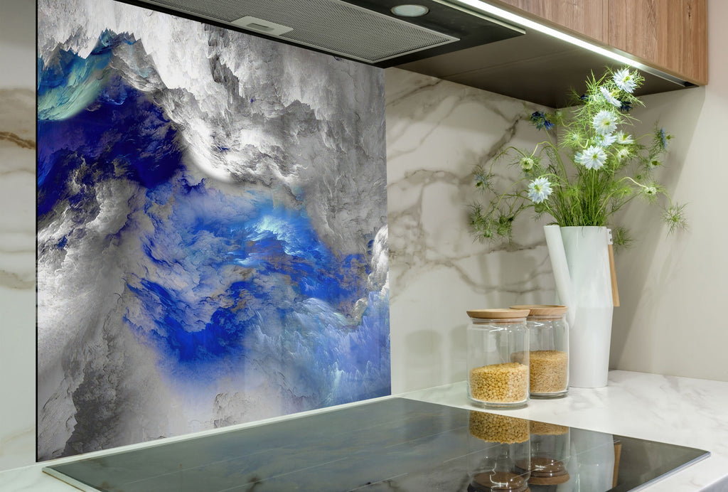 Blue & Gray Marble Swirl - Glass Kitchen Backsplash-BacksplashArtworks