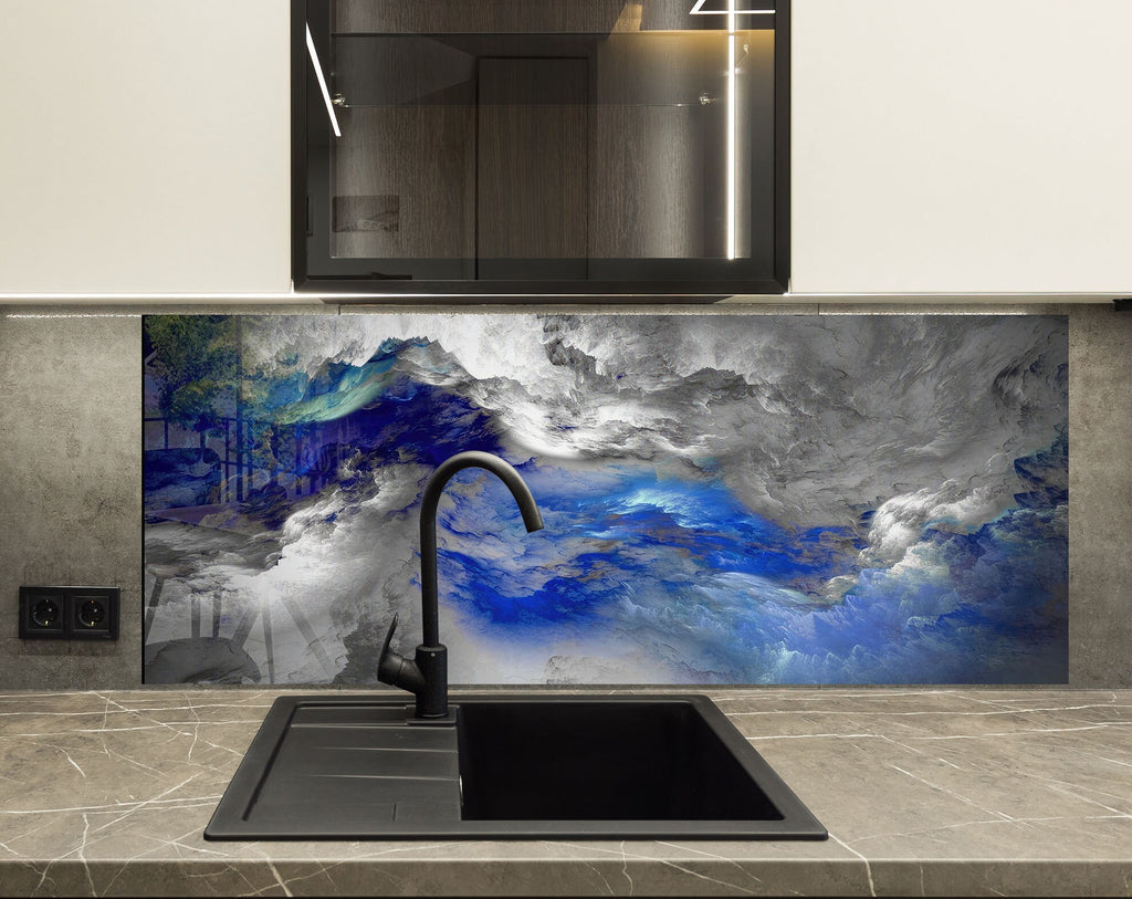Blue & Gray Marble Swirl - Glass Kitchen Backsplash-BacksplashArtworks