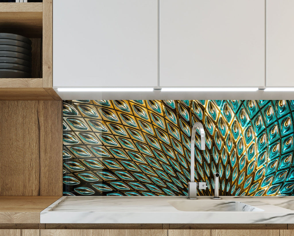 Peacock Feather Elegance - Glass Kitchen Backsplash-BacksplashArtworks