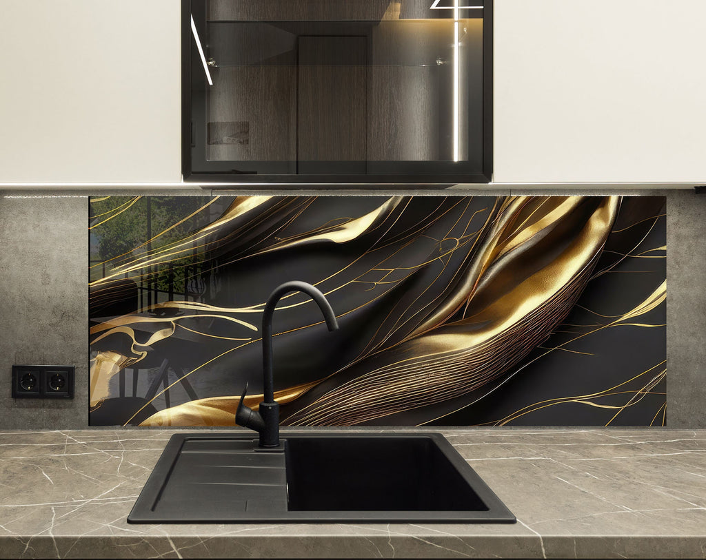 Golden Silk Flow - Glass Kitchen Backsplash-BacksplashArtworks
