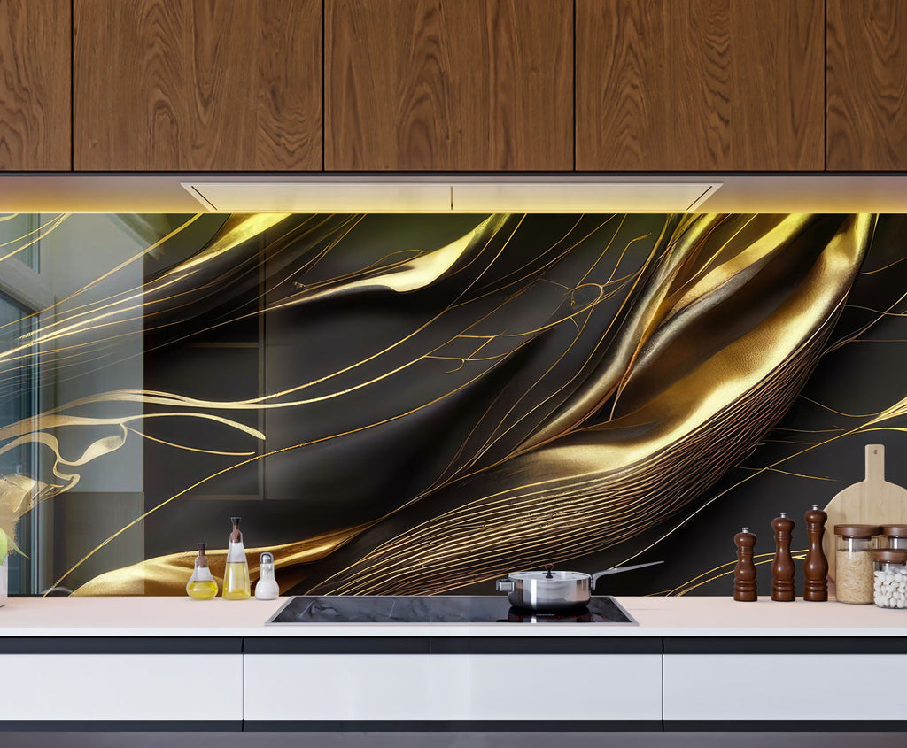Golden Silk Flow - Glass Kitchen Backsplash-BacksplashArtworks