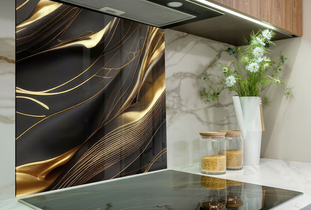 Golden Silk Flow - Glass Kitchen Backsplash-BacksplashArtworks