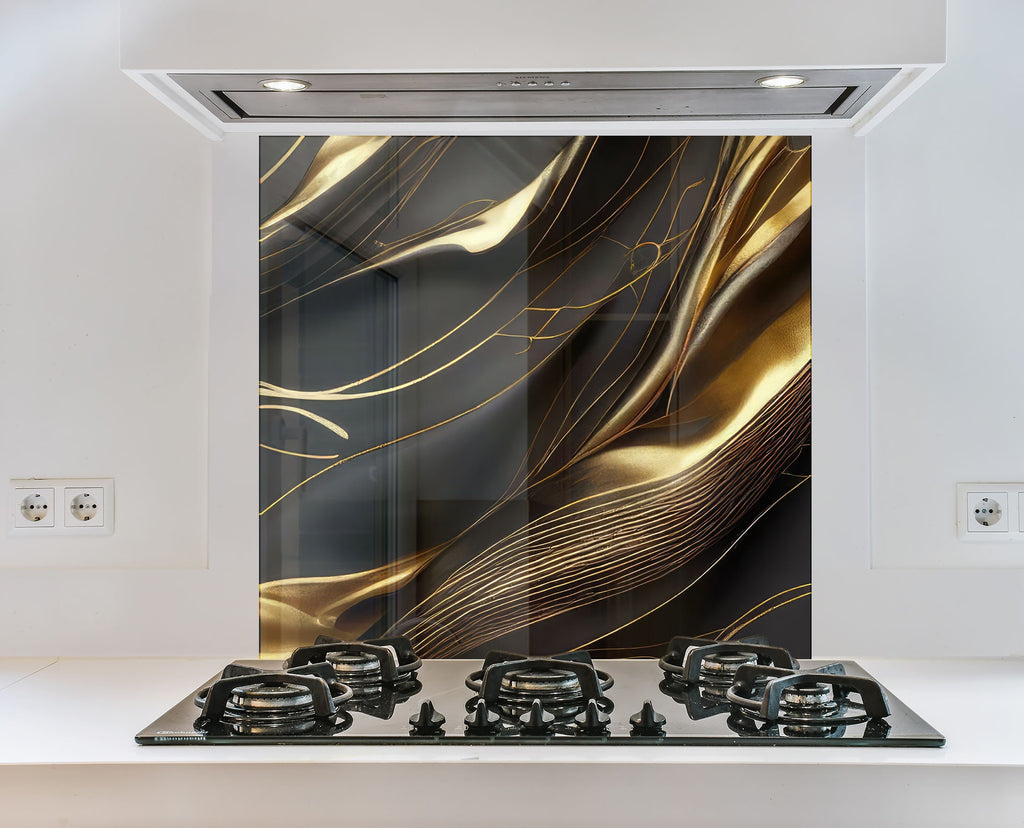 Golden Silk Flow - Glass Kitchen Backsplash-BacksplashArtworks