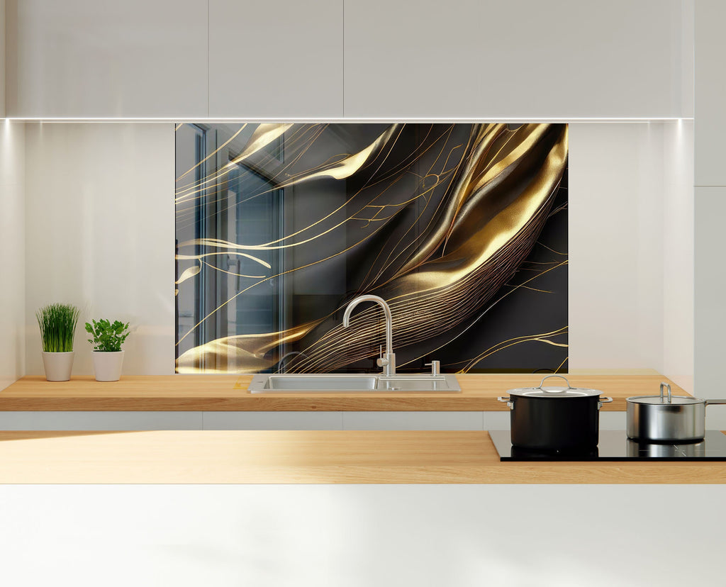 Golden Silk Flow - Glass Kitchen Backsplash-BacksplashArtworks
