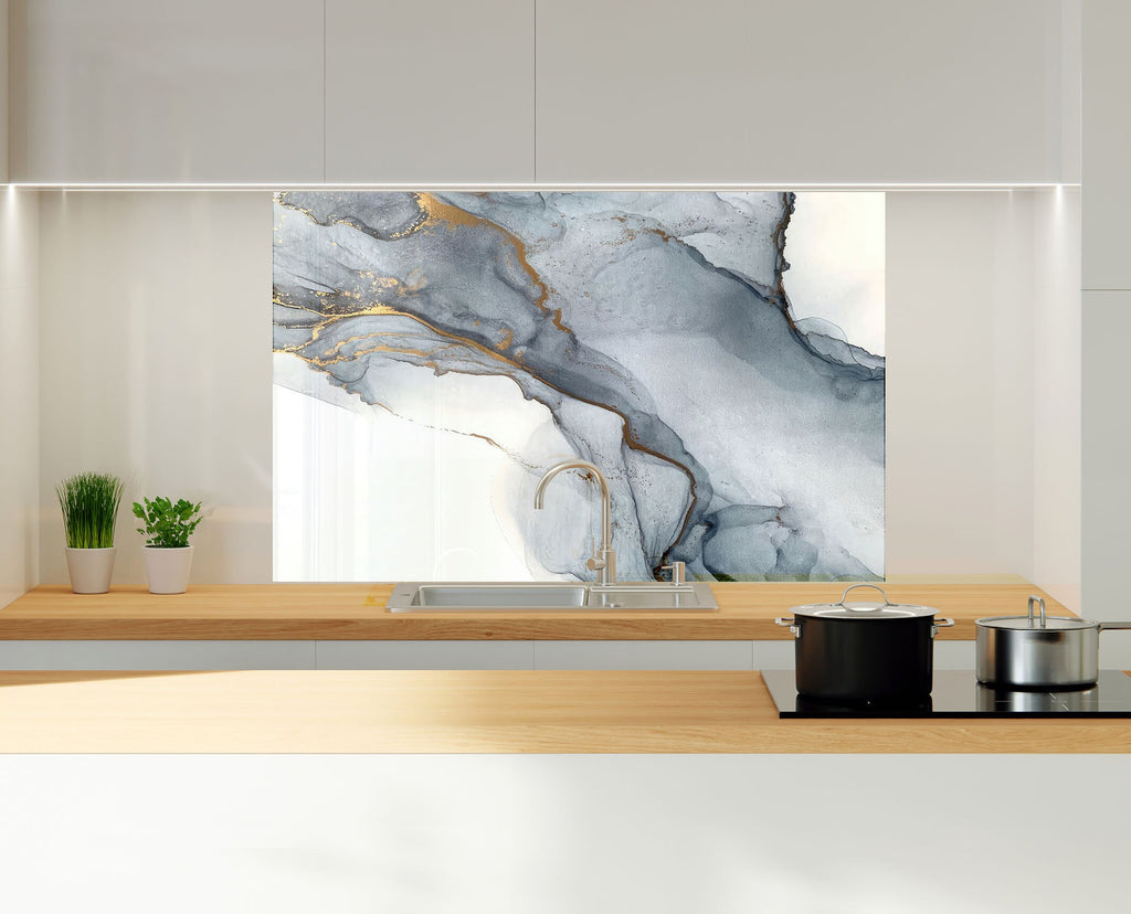Gray & Gold Marble Mist - Glass Kitchen Backsplash-BacksplashArtworks