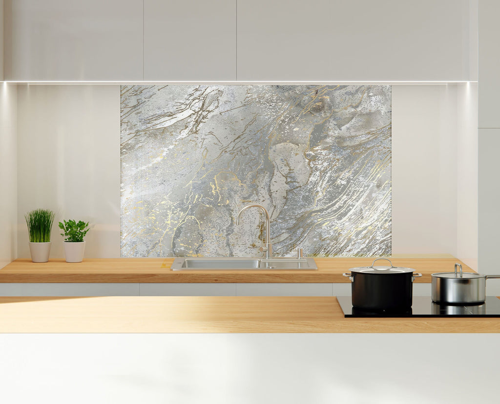 Silver & Gold Marble Veins - Glass Kitchen Backsplash-BacksplashArtworks