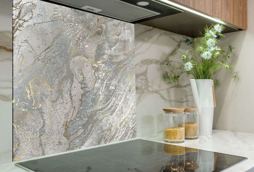 Silver & Gold Marble Veins - Glass Kitchen Backsplash-BacksplashArtworks