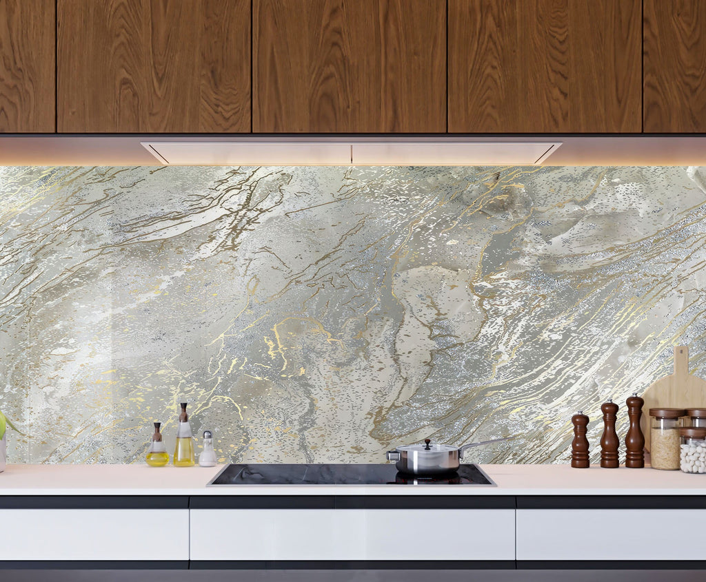 Silver & Gold Marble Veins - Glass Kitchen Backsplash-BacksplashArtworks