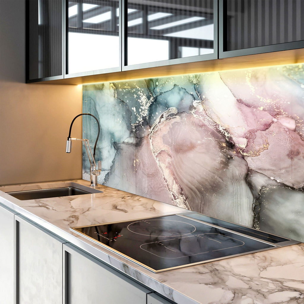 Rose Quartz & Teal Marble - Glass Kitchen Backsplash-BacksplashArtworks