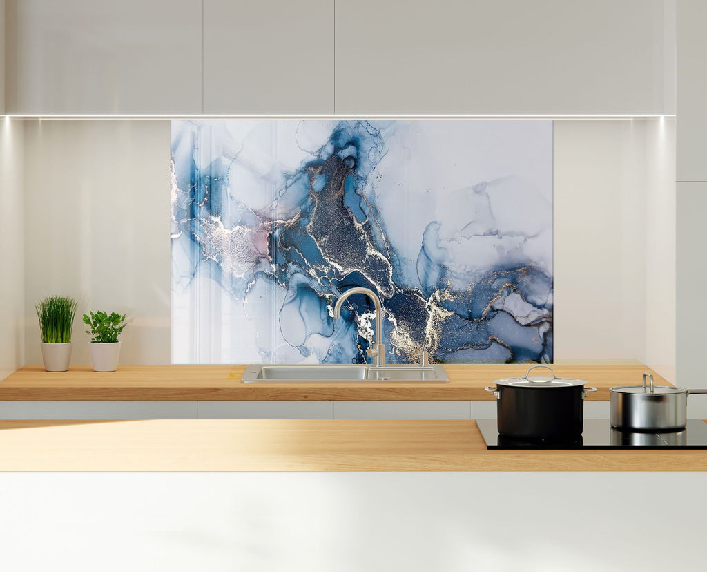 Blue Mist & Gold Veins - Glass Kitchen Backsplash-BacksplashArtworks