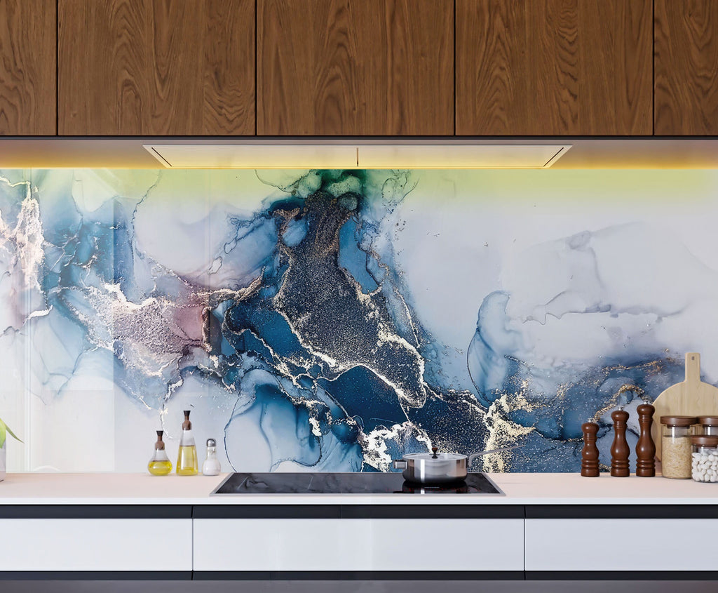 Blue Mist & Gold Veins - Glass Kitchen Backsplash-BacksplashArtworks
