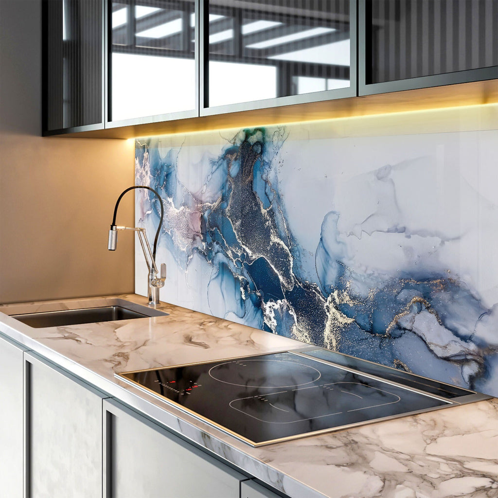 Blue Mist & Gold Veins - Glass Kitchen Backsplash-BacksplashArtworks
