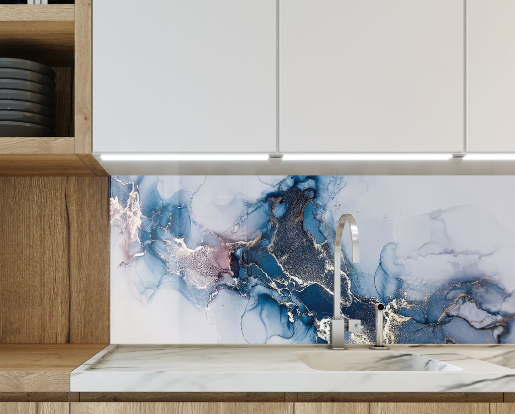 Blue Mist & Gold Veins - Glass Kitchen Backsplash-BacksplashArtworks