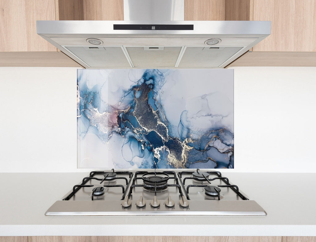 Blue Mist & Gold Veins - Glass Kitchen Backsplash-BacksplashArtworks