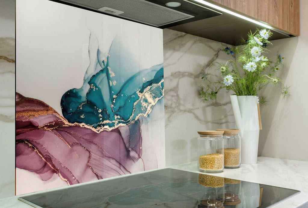 Teal & Rose Marble Fusion - Glass Kitchen Backsplash-BacksplashArtworks