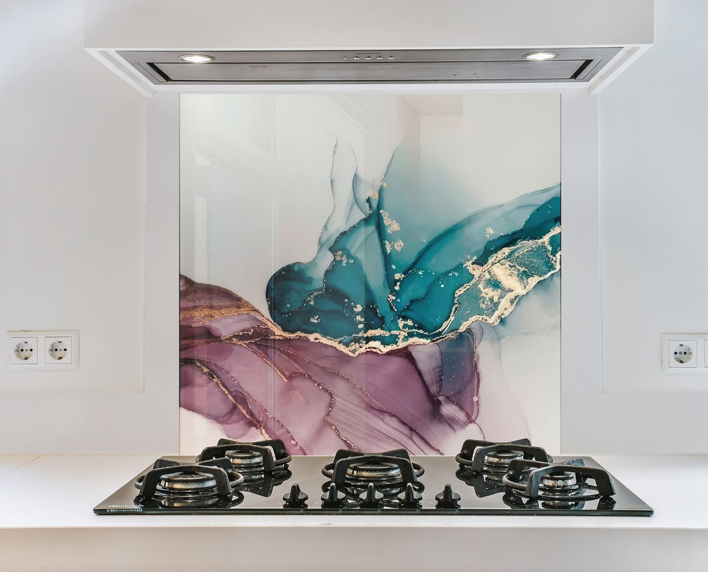 Teal & Rose Marble Fusion - Glass Kitchen Backsplash-BacksplashArtworks
