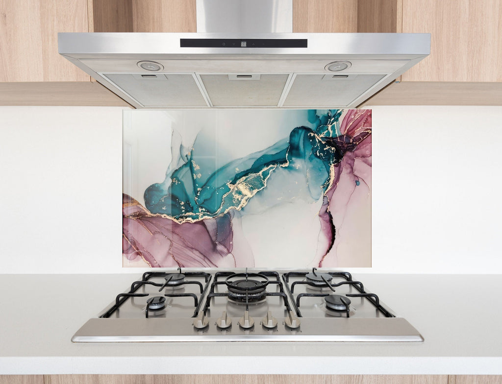 Teal & Rose Marble Fusion - Glass Kitchen Backsplash-BacksplashArtworks